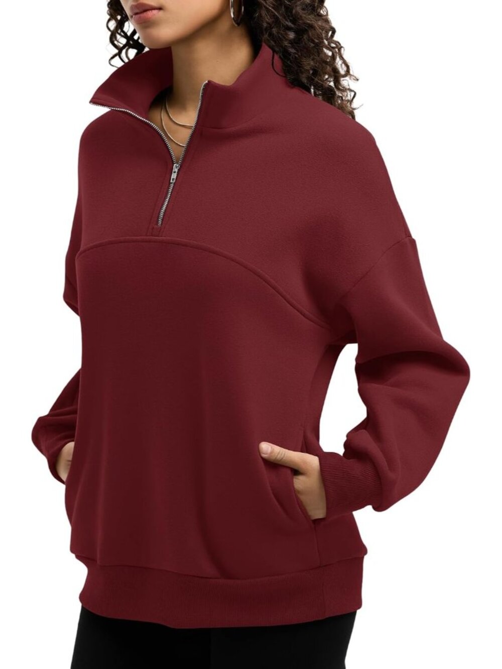 🆕Women's Burgundy Fleece Quarter Zipper Pullover Oversized Half Zip Hoodie